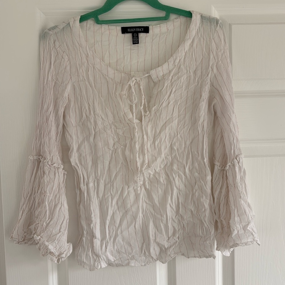 Ellen Tracy ivory blouse, rose gold stripes and bell sleeves, size small